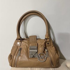 Michael Kors Jenna Neutral Tan Leather Bag with Silver Buckle and Hardware
